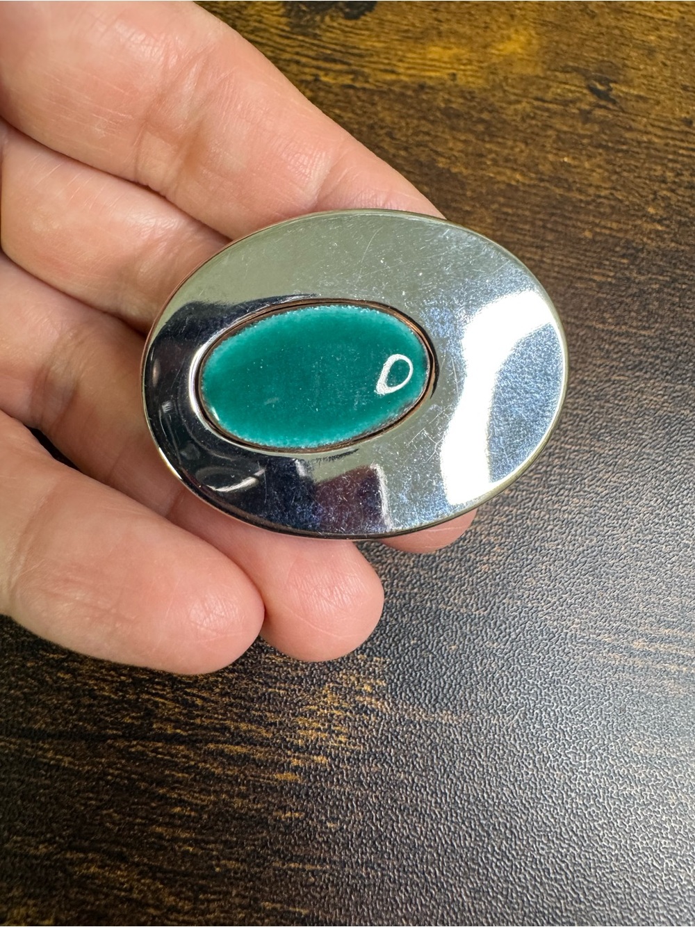 Vintage Silver-Tone Brooch with Teal Center